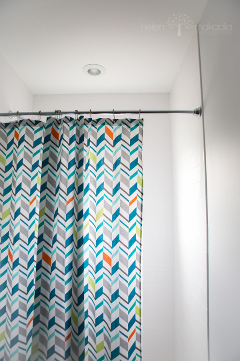 Shower - White Subway Tile.  Shower Curtain - Target