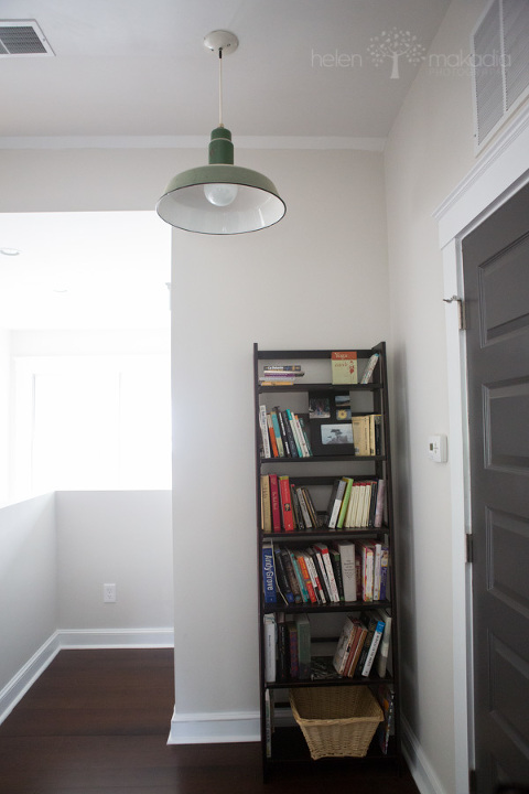Wall Color - Benjamin Moore Classic Gray, Door BM Iron Mountain.  Lamp original to when we bought the house.  